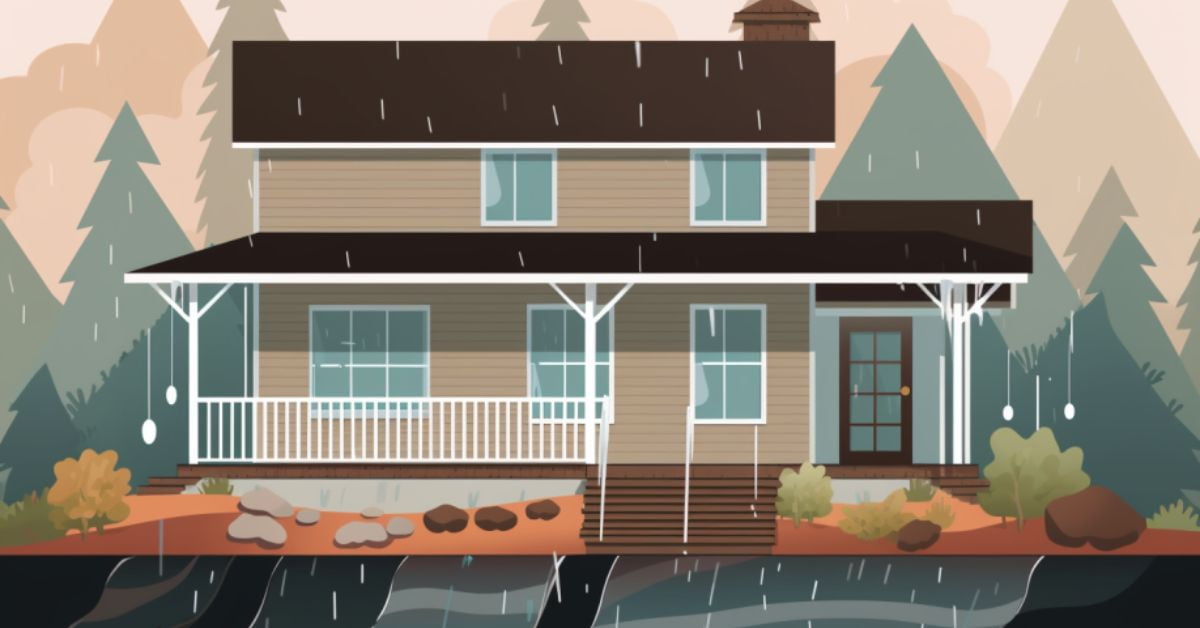 A detailed illustration of a home with a seamless gutter system, with rainwater cascading from the roof to the gutters and safely away from the foundation -Benefits Of Seamless Gutter Systems