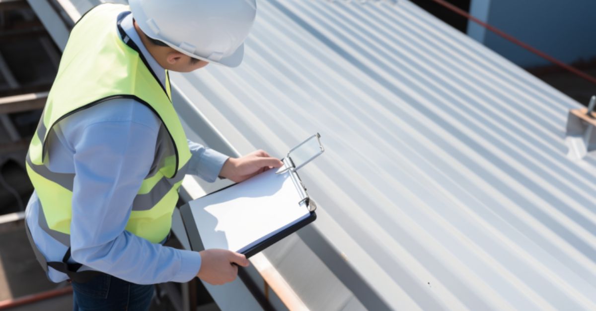 A close-up of a person in a hard hat, safety glasses, and gloves, inspecting a commercial roof with a checklist in hand.