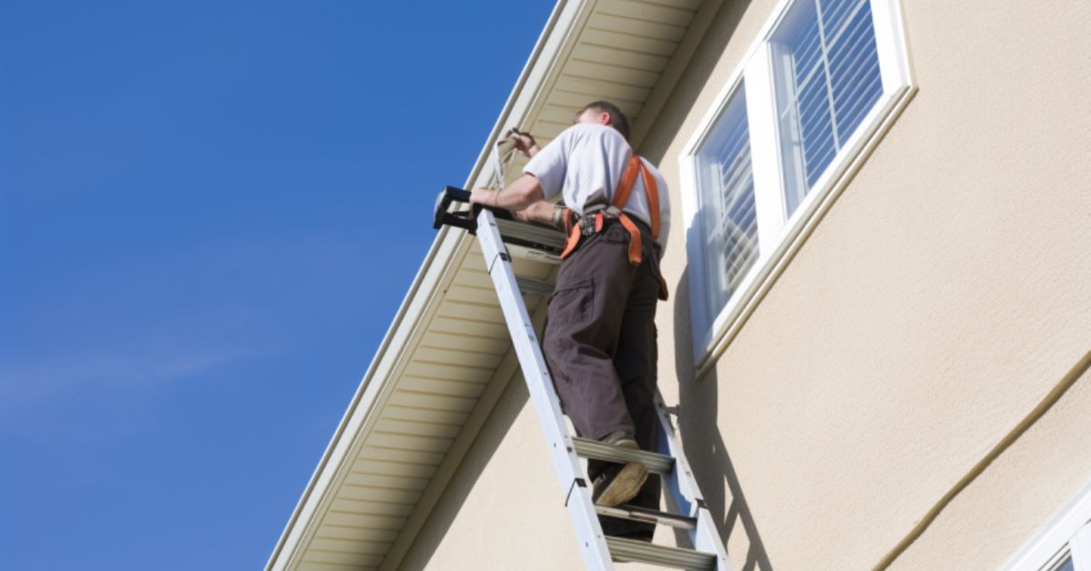 A homeowner placing a ladder against their house, about to climb up to inspect their gutters-Seamless Gutter Maintenance Guide
