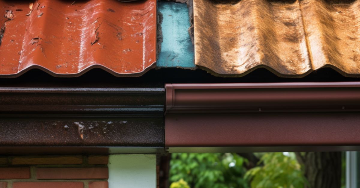 A side-by-side comparison of traditional and seamless gutters: one shiny and new, the other old and rusty - Seamless Gutters Vs. Traditional Gutters