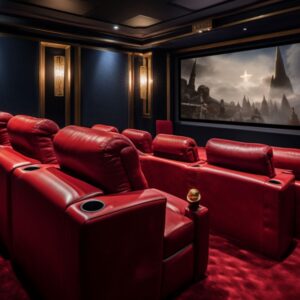 It Shows a remodelled basement transformed into a luxury home theatre, featuring plush red velvet seating, vintage popcorn machine, a large projector screen, ambient lighting and soundproof walls." |reative Basement Remodeling Ideas