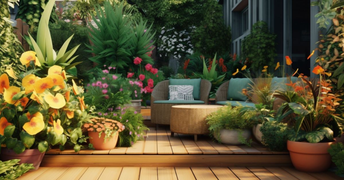 A close-up of a small wooden deck with a cozy seating area surrounded by vibrant potted plants and flowers. | Deck Remodeling For Small Spaces