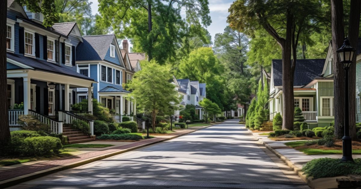 an image Showing an idyllic Athens, GA neighborhood with diverse, well-maintained rooftops boasting solar panels, rain gutters, and lush tree canopies reflecting sunlight.