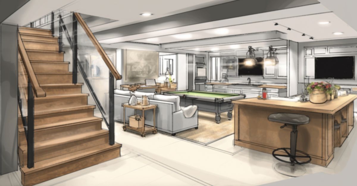 an image showcasing the step-by-step process of basement renovations, from meticulously measuring the space and drafting blueprints, to selecting materials and calculating a budget, capturing the essence of a successful transformation