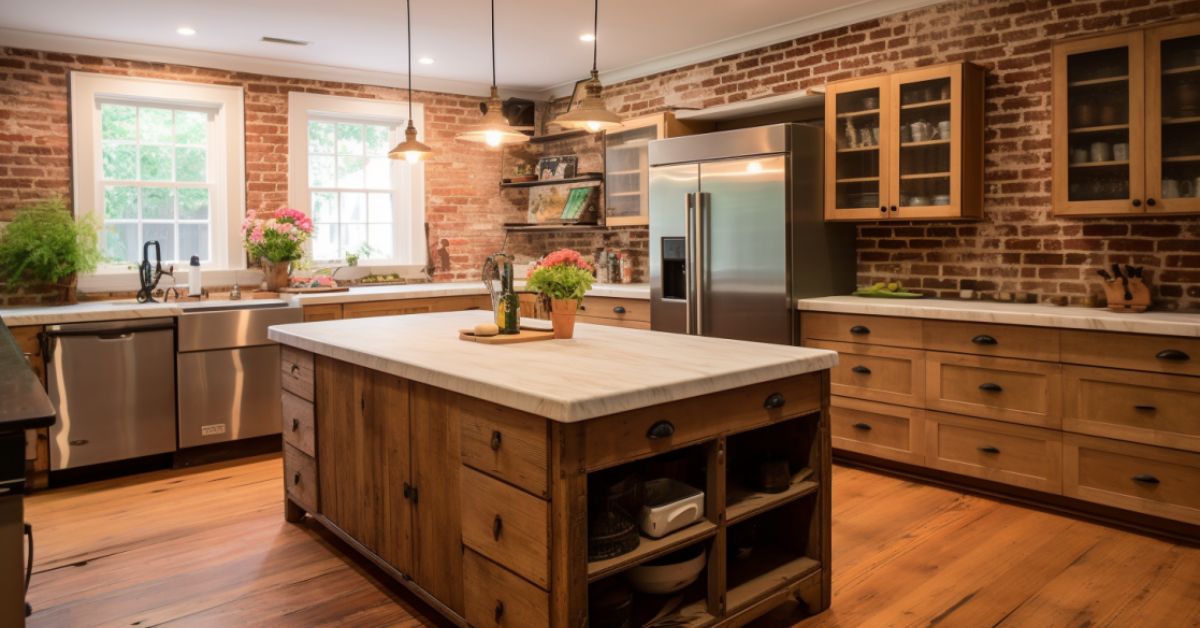 a mid-renovation kitchen with exposed brick, reclaimed wood cabinets, marble countertops, and stainless steel appliances, reflecting the rustic yet modern aesthetic popular in Athens, GA.
